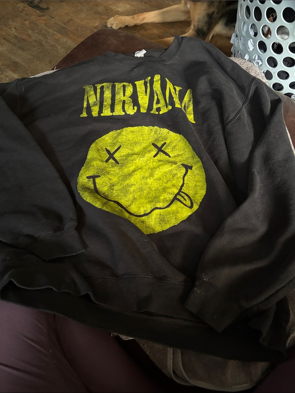 Men size L Nirvana Black Sweatshirt with Yellow Smiley Logo -